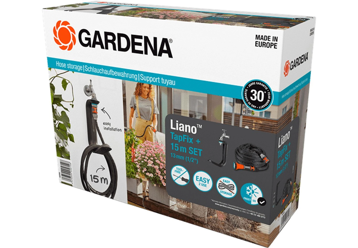 GARDENA Liano™ TapFix Slanghouder + 15 M Liano™ Textielslang 3 GARDENA Liano™ TapFix Slanghouder + 15 M Liano™ Textielslang